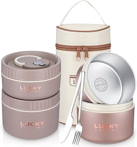 Juego de 3 recipientes de almuerzo aislados portátiles para adultos, caja Bento apilable de acero inoxidable para comida caliente con bolsa de