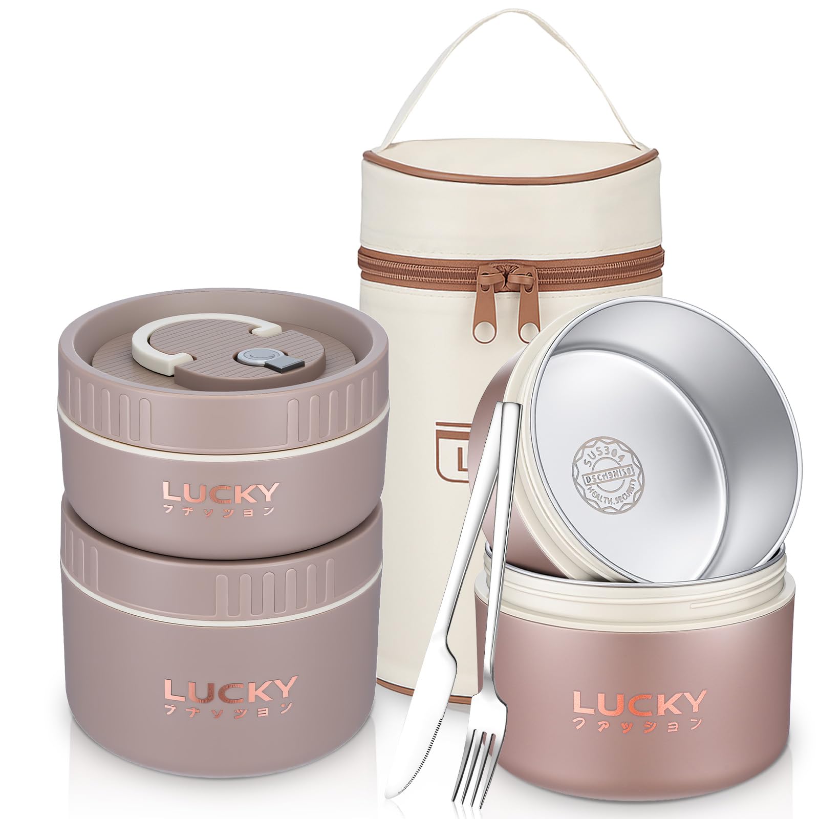 3 Pcs Portable Insulated Lunch Container Set for Adult, Stackable Stainless Steel Bento B…