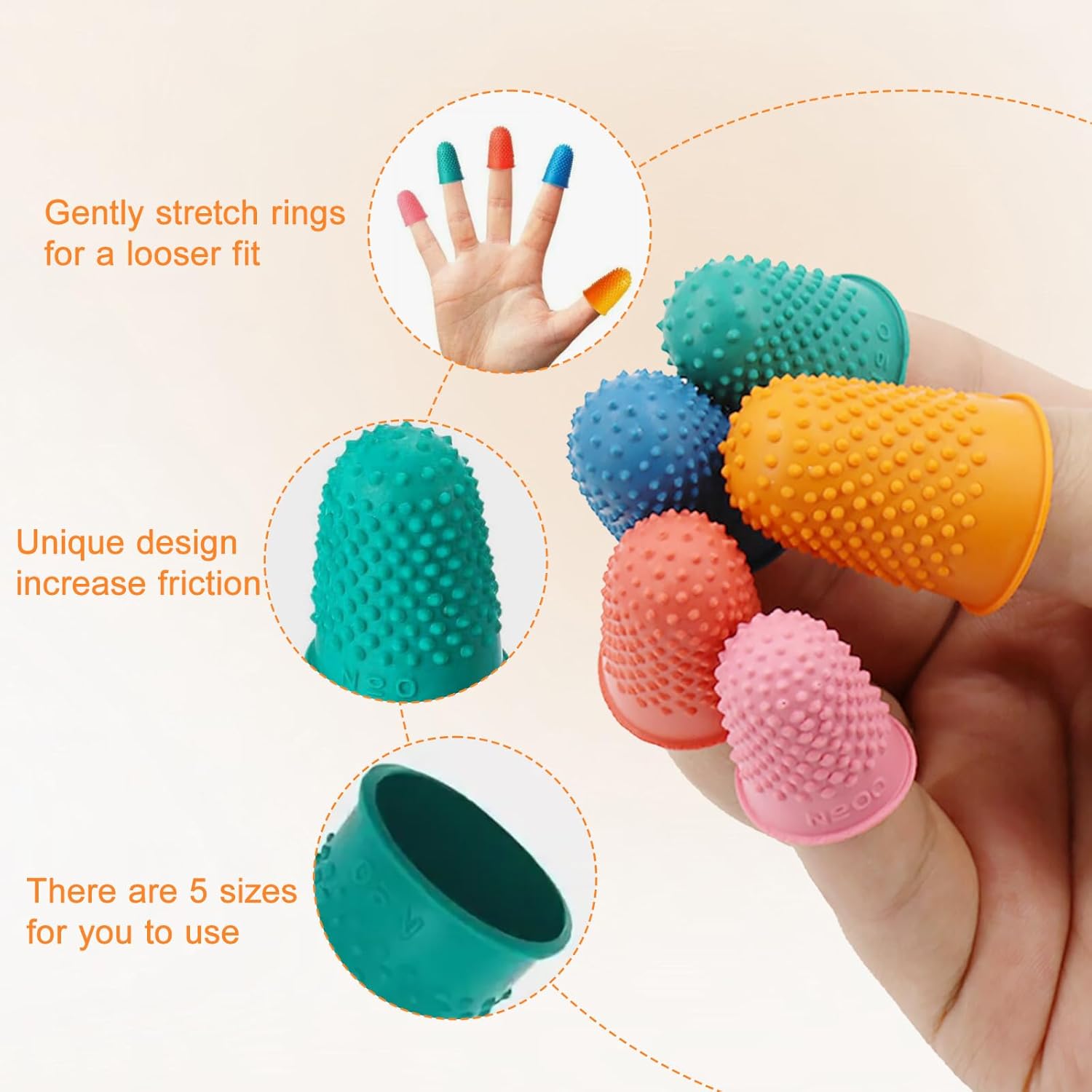 5 Pieces Rubber Thimbles for Finger Tips Protection,5 Sizes and Colors Reusable Finger Protectors,Rubber Finger Thimbles for Money Counting Writing Sorting Task