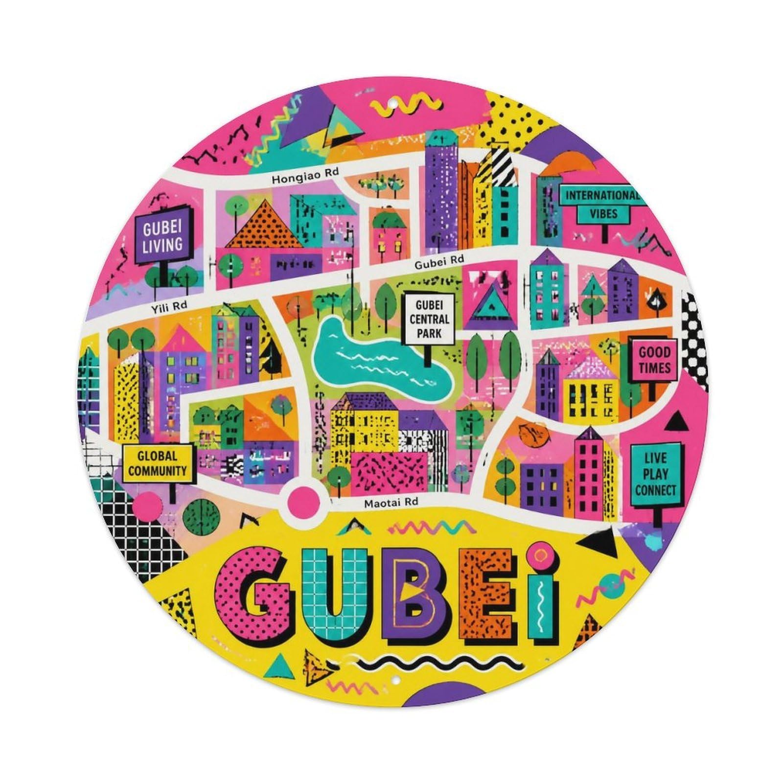 Okngb Style Gubei District Shanghai Riverfront Map Vintage Badge Metal Tin Sign Plaque Wall Decor For Cafe, Man Cave, Club Bar, Office, Home Garden Round Metal Poster 8X8inch
