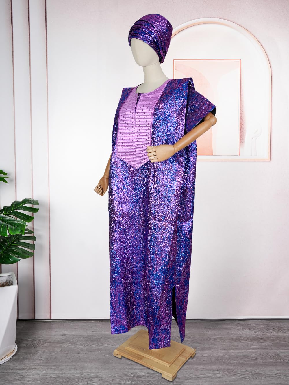 HD Vestido Largo con Estampado de Cera Africana para Mujer, Vestido Largo Bordado Floral de Sirena con Envoltura para la Cabeza