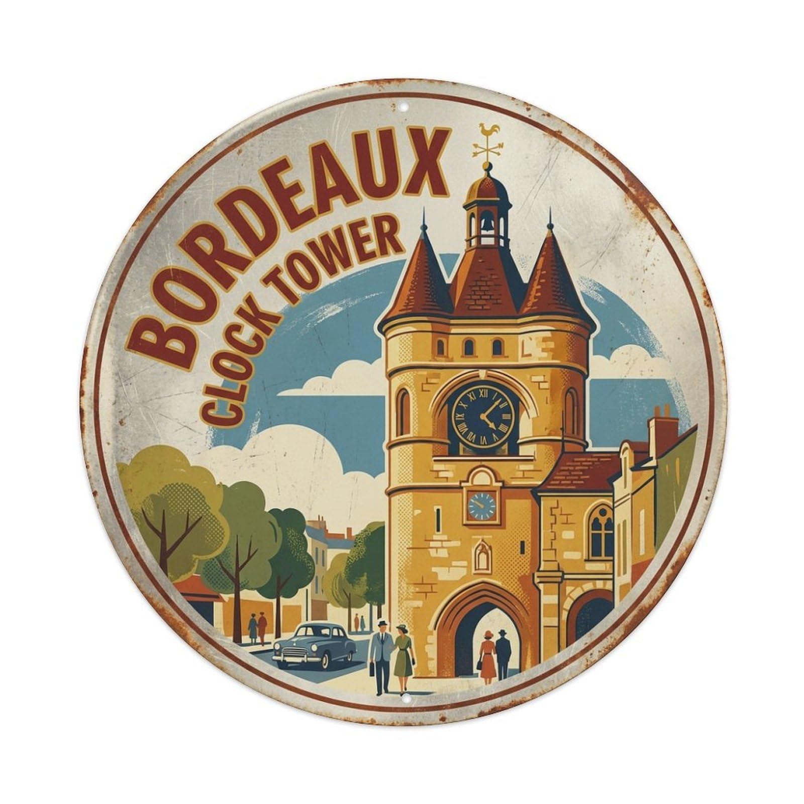 Clock Tower Vintage Heritage Travel Bordeaux France Metal Tin Sign