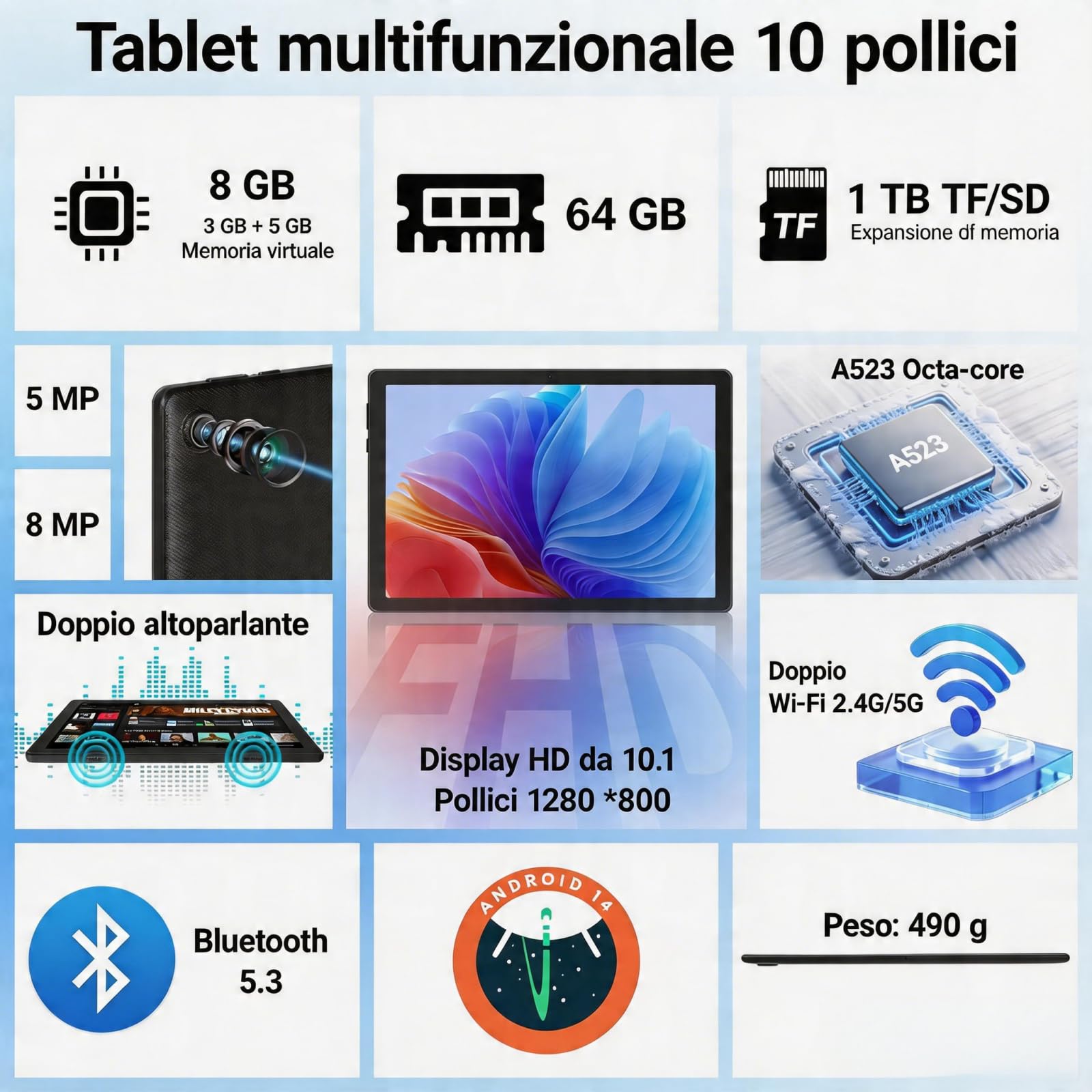 Tablet, 10 Pollici Android Tablet Octa-Core, 64GB ROM 1TB Espandibili, WiFi 6, BT 5.3, Face ID, Schermo 1280x800 HD IPS, Widevine L1, Doppia Fotocamera 5MP+8MP, 5000mAh（Nero） - 3