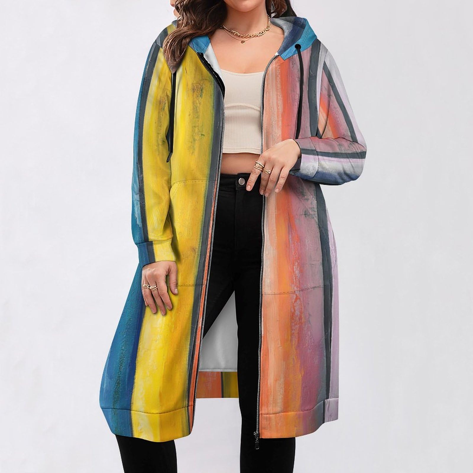 Felpa Donna con Zip Felpe Sportiva con Tasche E Cappuccio Strisce Verticali Colorate Morbida Invernale Giacca Regolabile Confortevole per Uso Quotidiano Casual