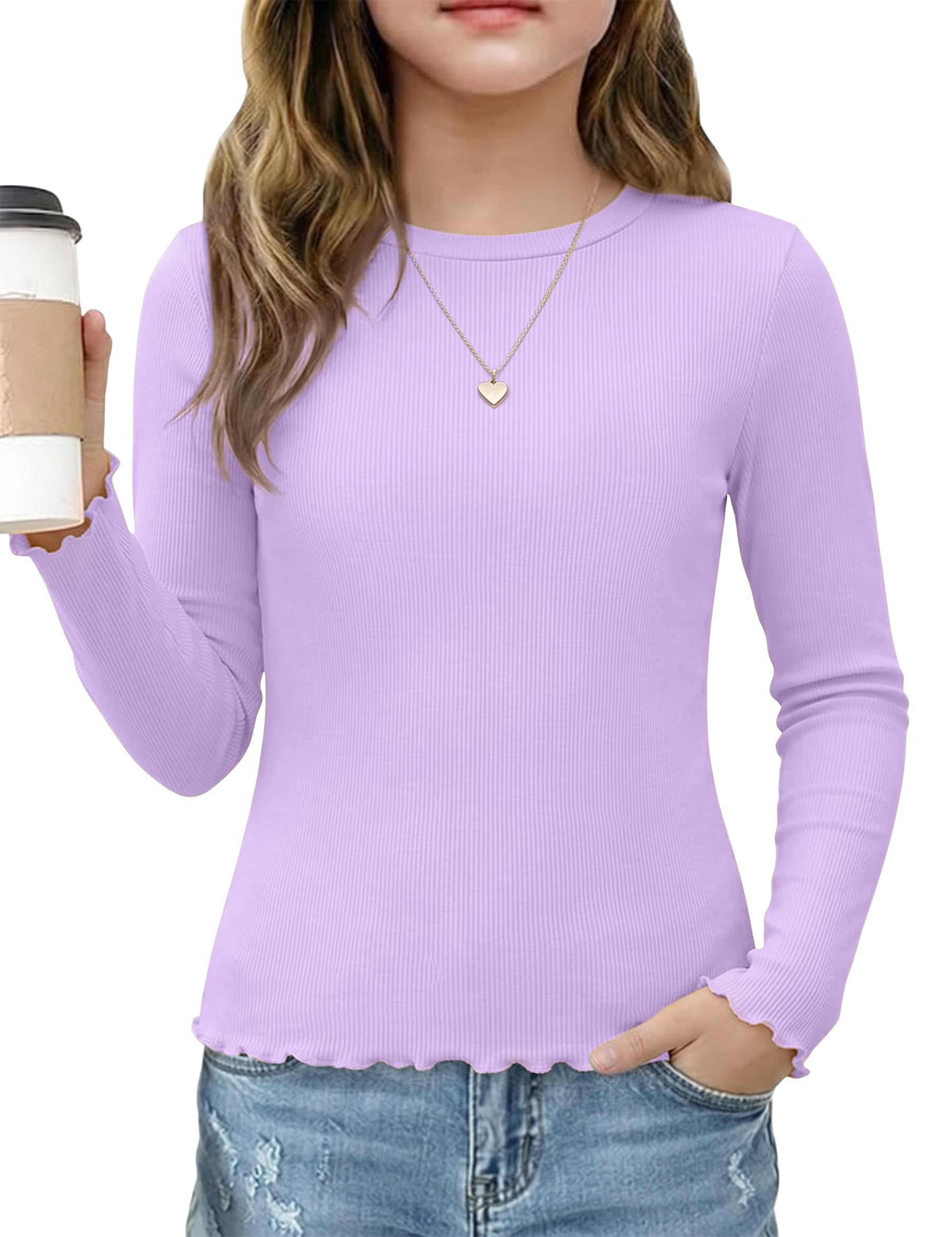 Demegimi Langarmshirt Mädchen Rundhals T-Shirt Rippstrick Kinder Oberteile Basic Strickshirt Einfarbig mit Rüschenbündchen für Schule und Freizeit 5-14 Jahre