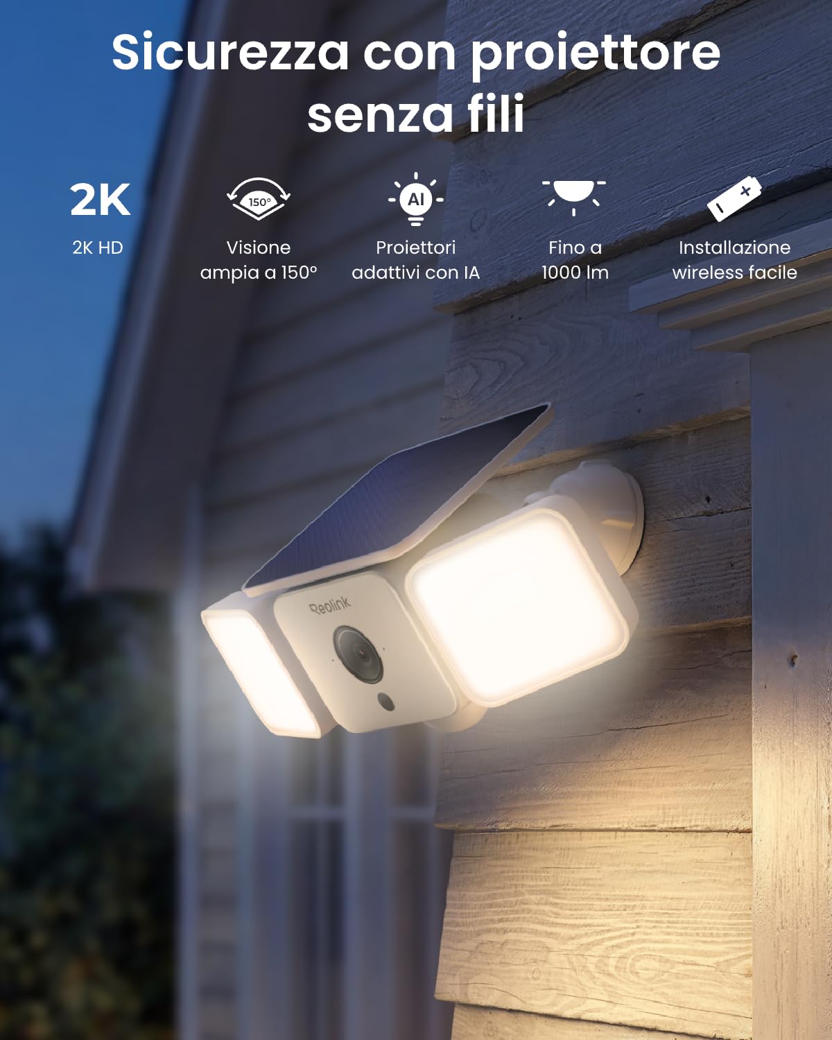 Reolink 2K Telecamere Wi-Fi Esterno, Senza Fili 150°, fino a 1000 Lumen di luce e allarme sirena, Rilevamento Uomo/Auto/Animale, Visione Notturna a Colori, 2,4/5 GHz WiFi, IP66, Solar Floodlight Cam