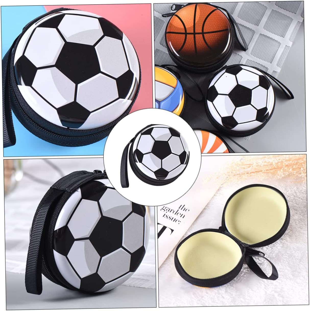 KICHOUSE 4pcs Creative Football Pattern Storage Bags Rounded Tinplate Coin Purse for Change Snacks Random Interior Colors Lightweight Soccer Design for Daily Use