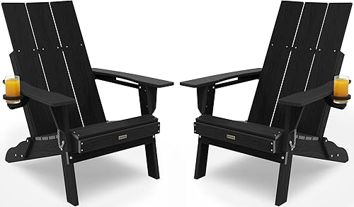 Silla Adirondack moderna de gran tamaño sillas Adirondack HDPE para todo tipo de clima, juego de 2 con respaldo alto y soporte para tazas, silla de