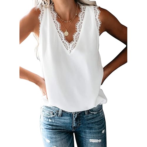 BLENCOT Women Lace Trim Tank Tops V Neck Fashion Casual Sleeveless Blouse Vest Shirts