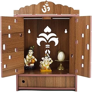 Praha Pooja Mandir for Home Wall Hanging MDF Wooden Temple with Door (Wooden)