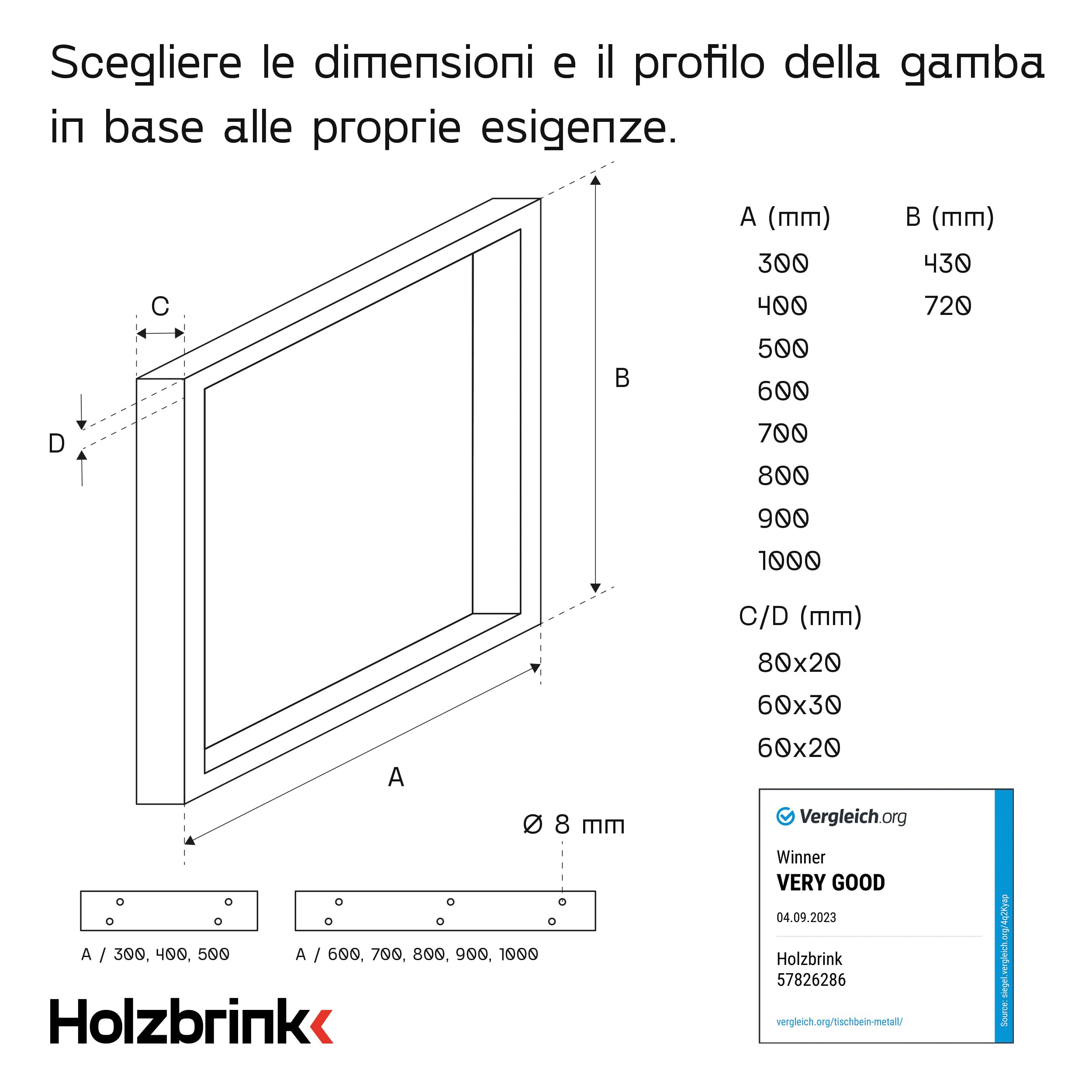 HOLZBRINK Pata para Escritorio, Patas rectangulares de Metal, 60x20 mm, Perfil 50x72 cm, Negro, 1 Unidad, HLT-01-E-II-9005