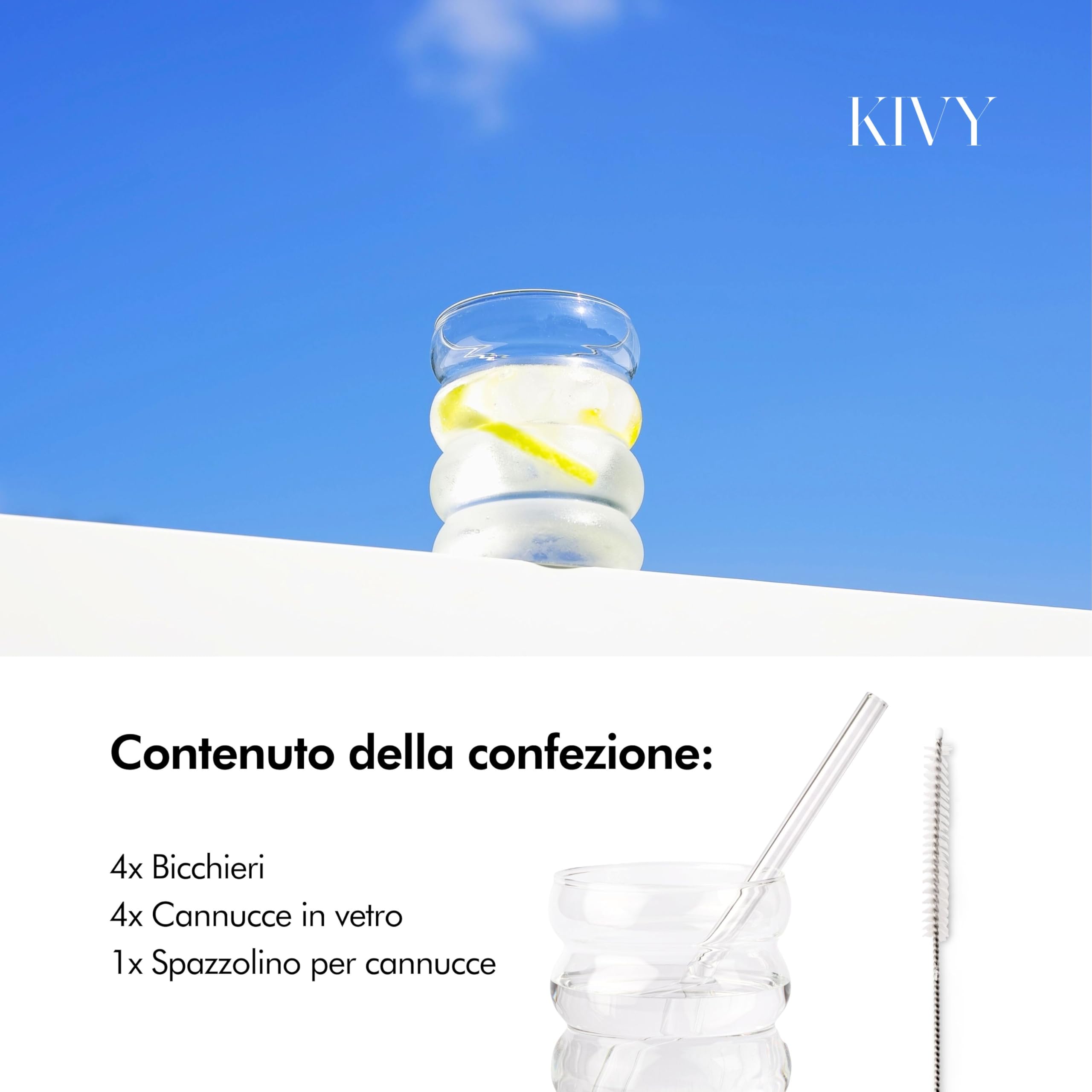 KIVY Bicchiere con Cannuccia [4x 350ml] Acqua, Caffè freddo e Matcha - Set Bicchieri Acqua Vetro - Bicchiere Vetro con Cannuccia - Bicchieri Ghiacciato - Senza BPA - Vetro a Bolle Effetto Bubble