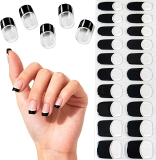 Semi Cured Gel Nail Strips Kit | Black French Clear Base 20 Pcs Full Nail Wraps, Long Lasting, DIY at Home (UV Lamp Required)