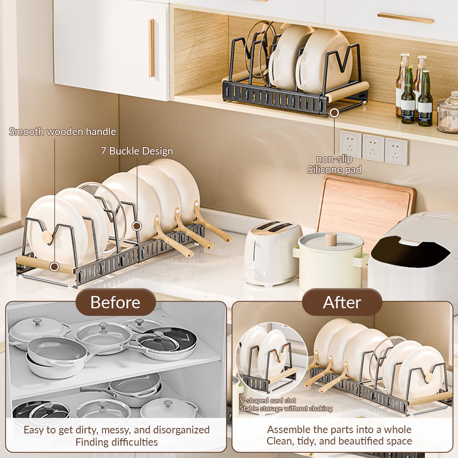 Confezione da 1 organizer per coperchi in acciaio inox all'interno dell'armadio con 7 divisori regolabili – organizer per coperchi di pentole e padelle, lunghezza totale 57,5 cm (grigio)