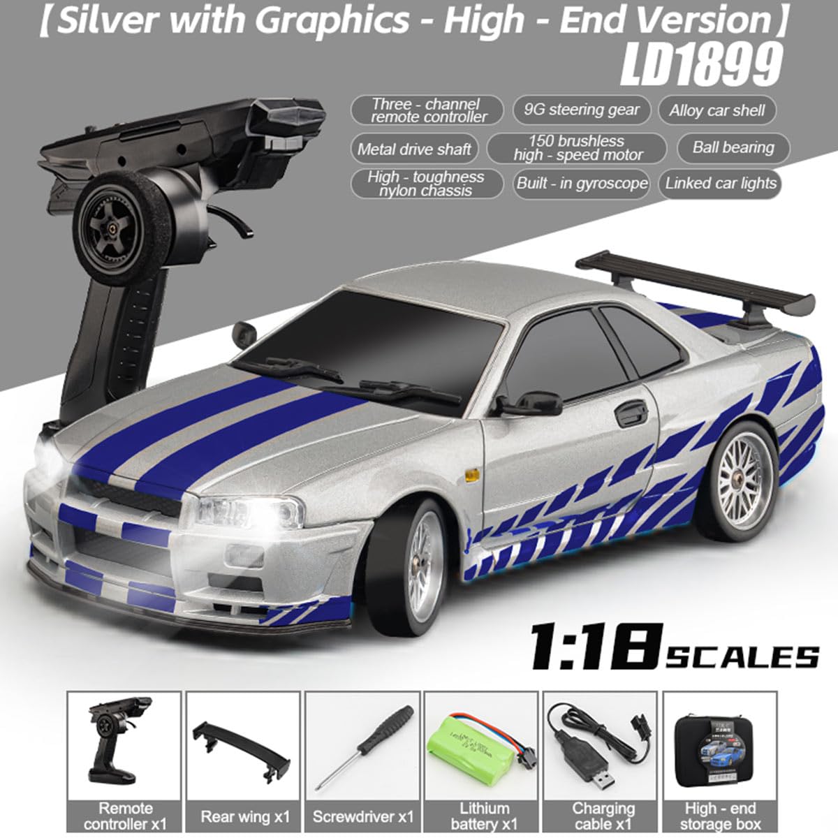 RC Drift Car z żyroskopem, skala 1/18, 2,4 G, 3-kanałowy, metalowy nadwozie, model samochodu z podnoszonymi reflektorami, świetny prezent dla nastolatków i dorosłych (wersja gyro RTR/srebrny)
