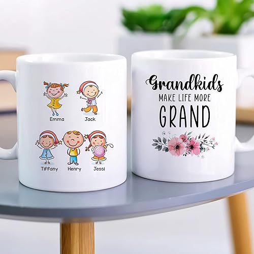 Miniatura 3 de Gossby Taza personalizada  GRANDKIDS MAKE LIFE MORE GRAND (5 niños)  Taza de café para abuela, abuelo de nietos con avatares, nombres, regalo