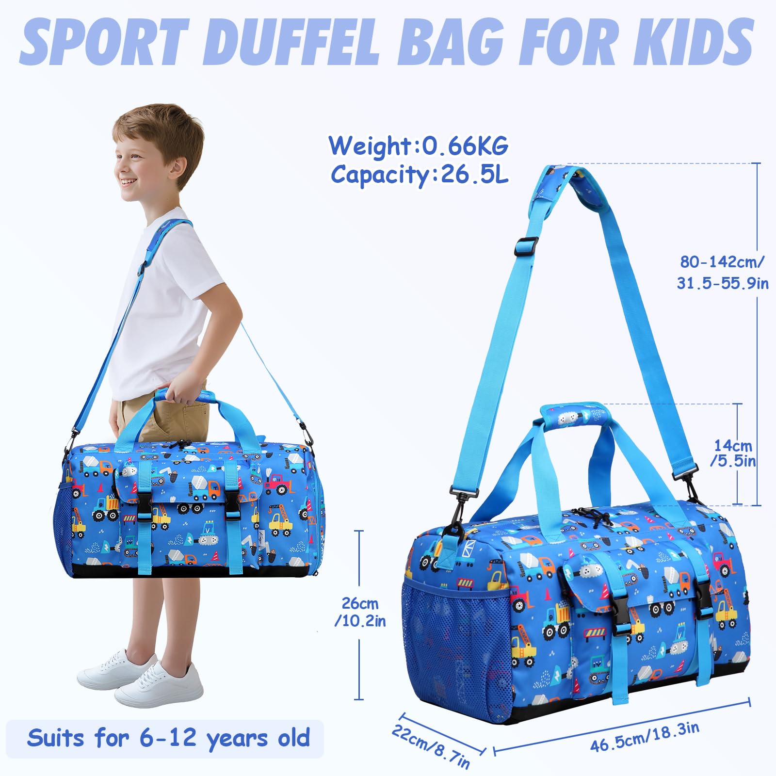 Bolsa de Viaje Infantil, Kasgo Bolsa Deporte Niño Bolsa Danza Niña Ligero Bolso de Fin de Semana con Compartimento de Calzado Impermeable Bolsas de Hombro para Gimnasio Atlético Cámping, Carro Azul