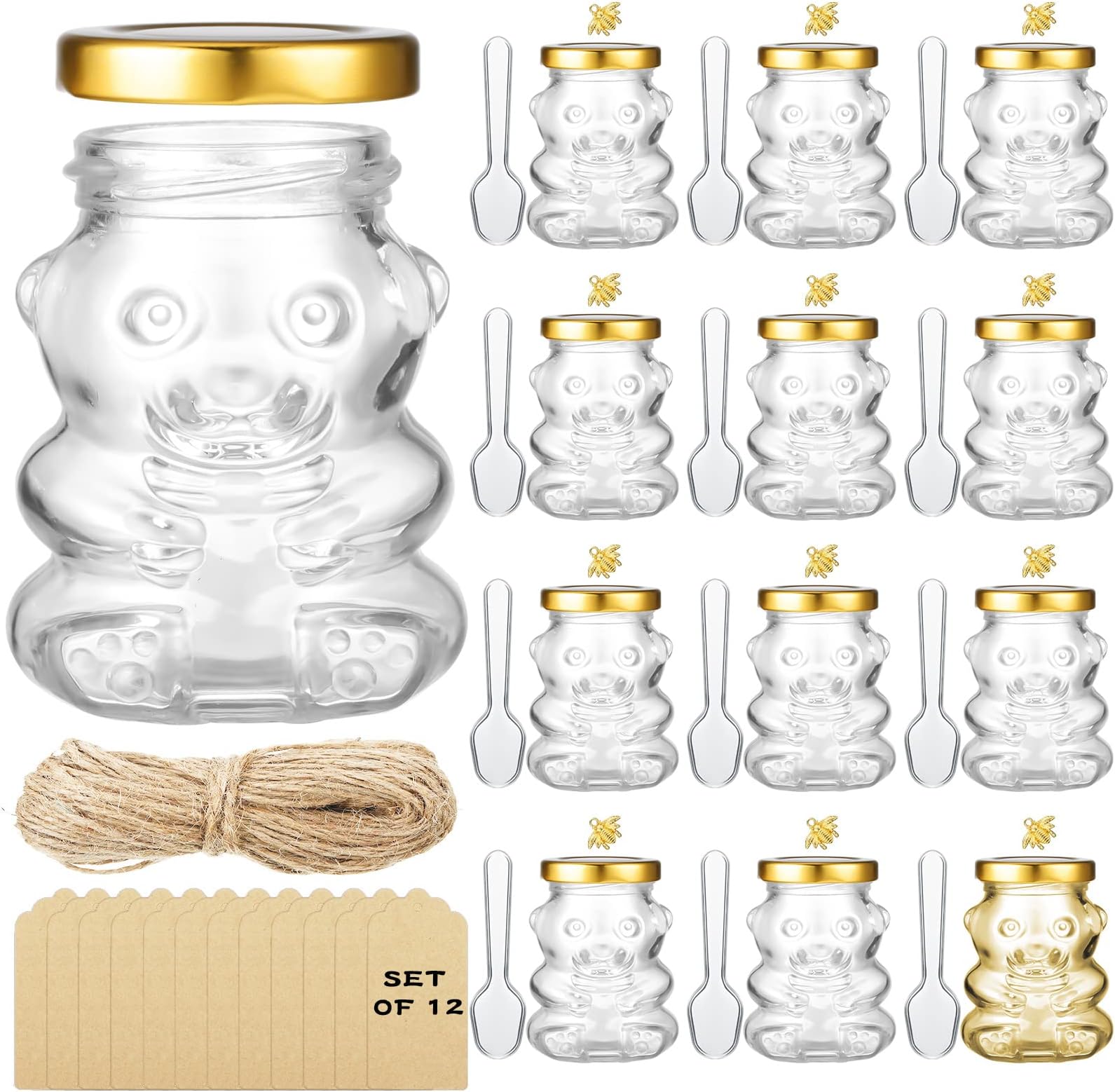 12 Pieces 4 oz Bear Shaped Glass Honey Jars Gold Lids Extra Gold Bee Pendants Clear Plastic Spoon Kraft Paper Tags Twine for Baby Shower Wedding Party Favors