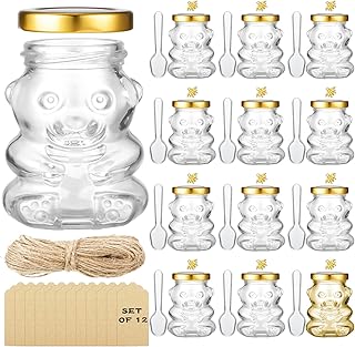 12 Pieces 4 oz Bear Shaped Glass Honey Jars Gold Lids Extra Gold Bee Pendants Clear Plastic Spoon Kraft Paper Tags Twine for Baby Shower Wedding Party Favors
