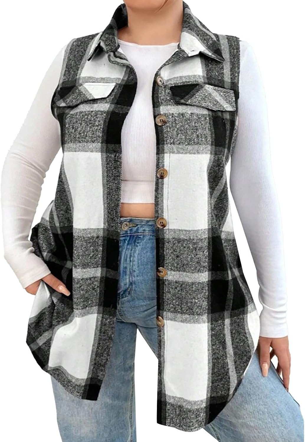 Women Fashion Plaid Vest Sleeveless Button Lapel Long Waistcoat Jacket Casual Outing Family Camping Coat with Pocket