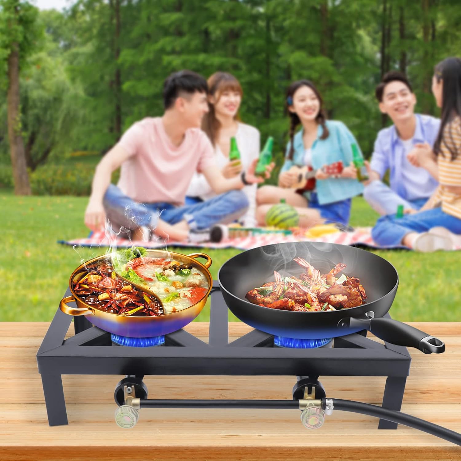 Portable Double Burner Outdoor Gas Stove, with Adjustable 0-20Psi Regulator Hose, Outdoor Camping Picnic Stove, for Patio Camping, BBQ, Home Brewing, Turkey Fry, Maple Syrup Prep