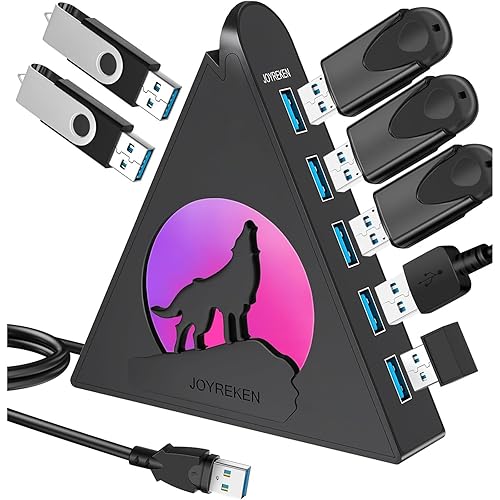7 Port USB Hub, JoyReken USB 3.0 Hub with 2 FT Long Cable, Vertical USB Exrension Hub for Laptop, MacBook, Xbox, PS4/5, Flash Drive, XPS, PC, Flash Drive, Game Console, Printer, Camera,Keyborad, Mouse - 7 Port USB 3.0 - HowlingWolf