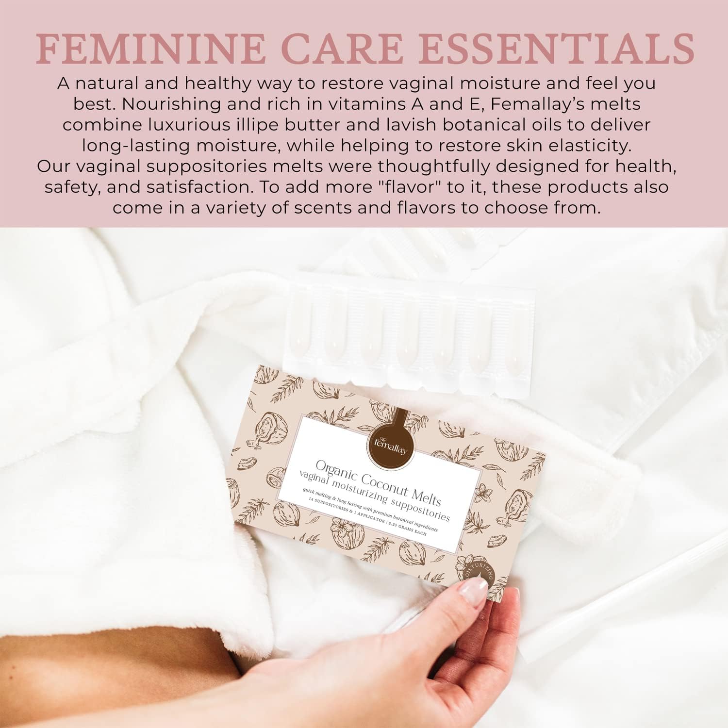 Femallay Coconut Scented Vaginal Moisturizing Suppository: 100% Natural Ingredients for Vaginal Dryness and Odor, 14 Suppository Melts + 1 Applicator for Effortless Hydration