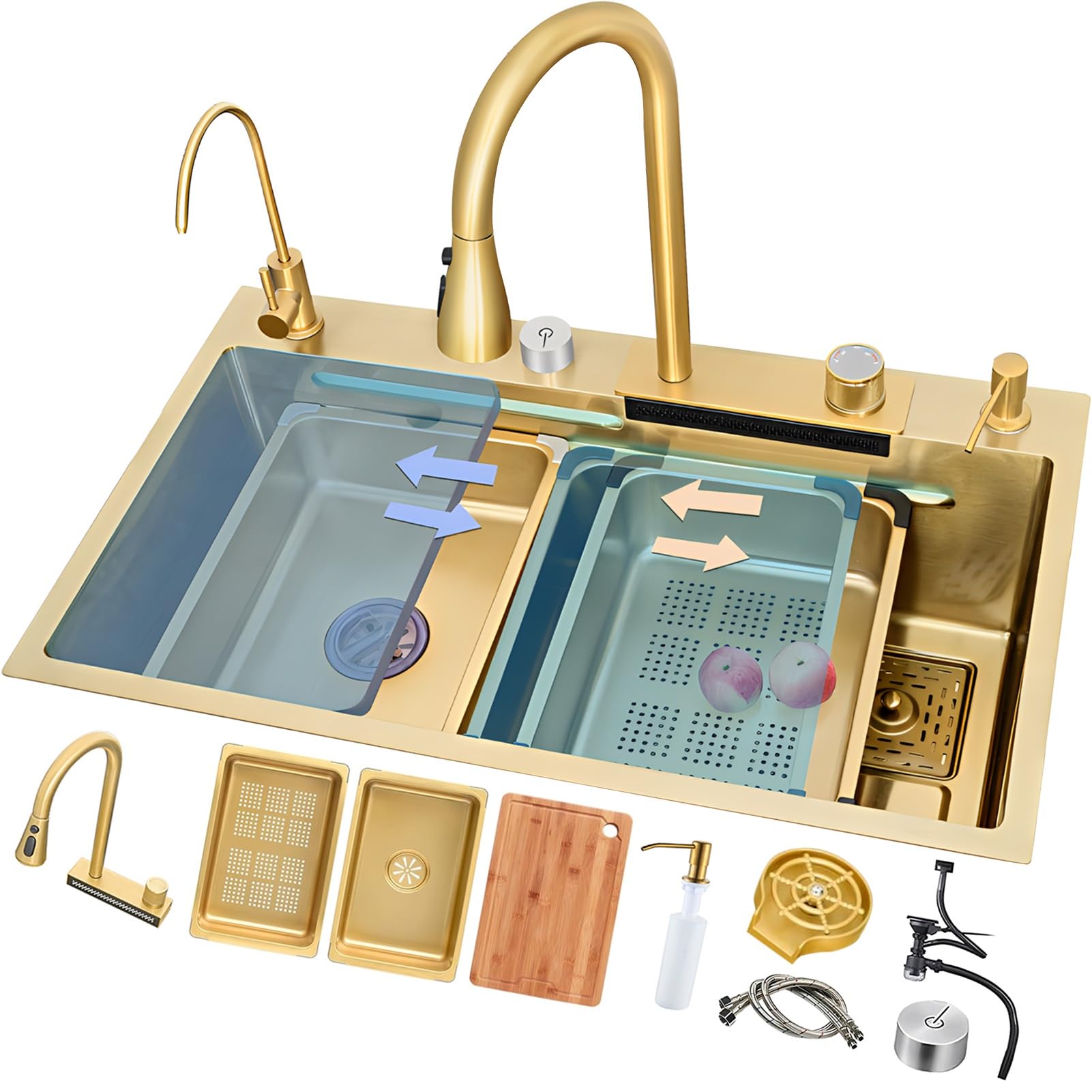 Multifunktionale Küchenspüle Aus Edelstahl Mit Wasserfall-Effekt, Große Arbeitsstationsspüle, Einzelbecken-Spüle Mit Aufsatzmontage, Mit Abflussknopf Und Komplettem Zubehör(Gold,68x45x22cm)