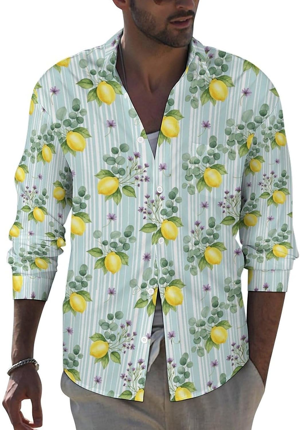 Men Long Sleeve Shirt Stretch Casual Button Down Dress Shirts Pocket