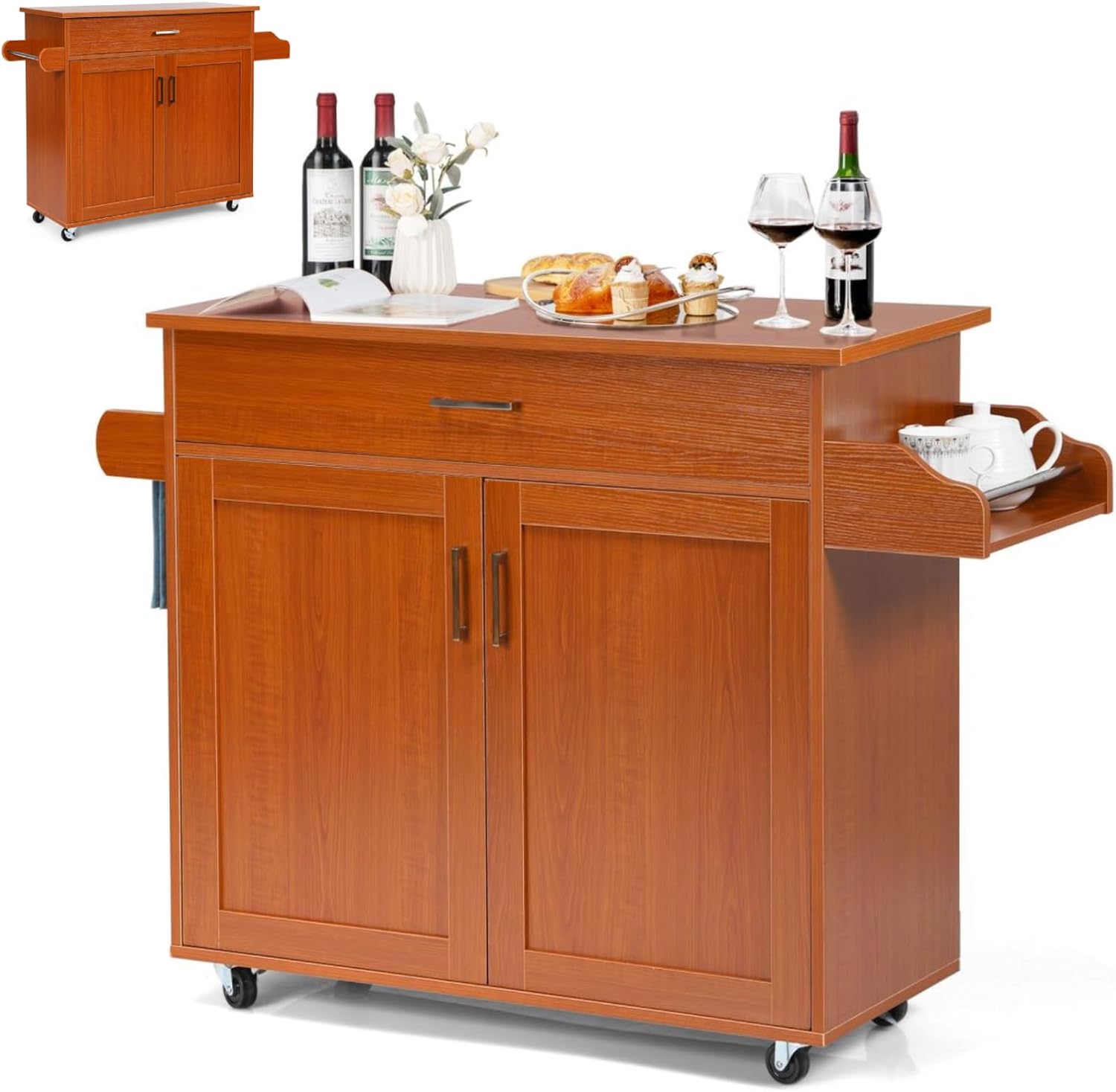 TANGZON Kitchen Island on Wheels, Rolling Storage Trolley with Large