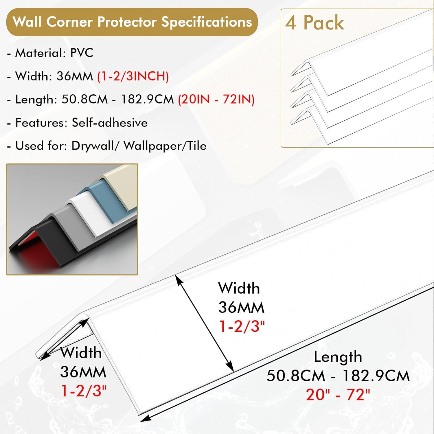 4 Pack Plastic PVC Corner 89 Degree Angle Trim Wall Edge Protector, White Beige Grey Drywall Corner Molding Strips for Stair Steps Edging, Self Adhesive(Grey,L 48inch/121.9cm)