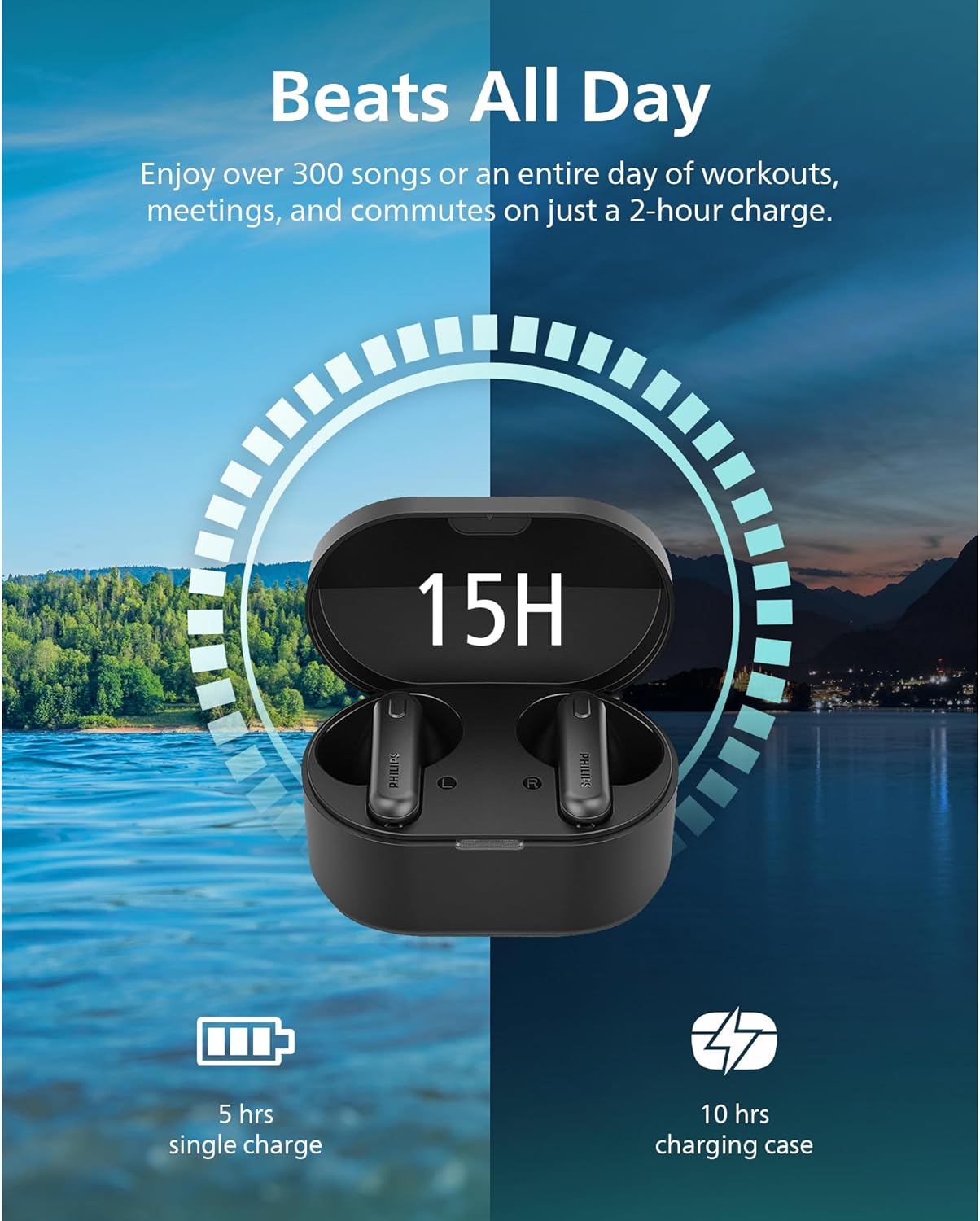 Graphic showing 15 hours total battery life for PHILIPS earbuds