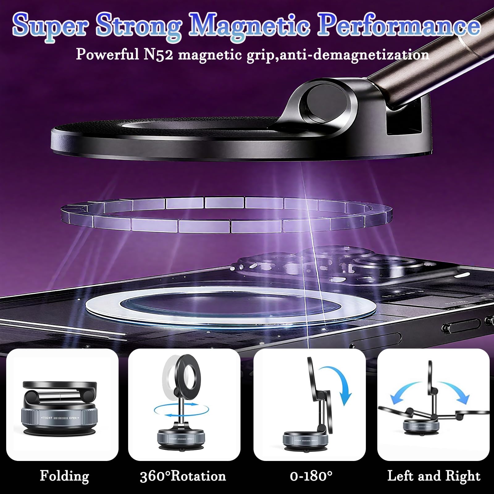 Soporte magnético de succión de 360° mejorado para teléfono, plegable y reforzado, compatible con todos los teléfonos inteligentes para coche/gimnasio/espejo/superficie lisa (negro)
