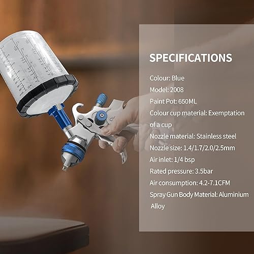 Miniatura 6 de Pistola de aerosol de aire HVLP alimentada por gravedad con boquillas de 1.4/1.7/2.0/2.5 mm y tazas de mezcla de 650 cc, pistola de pintura en