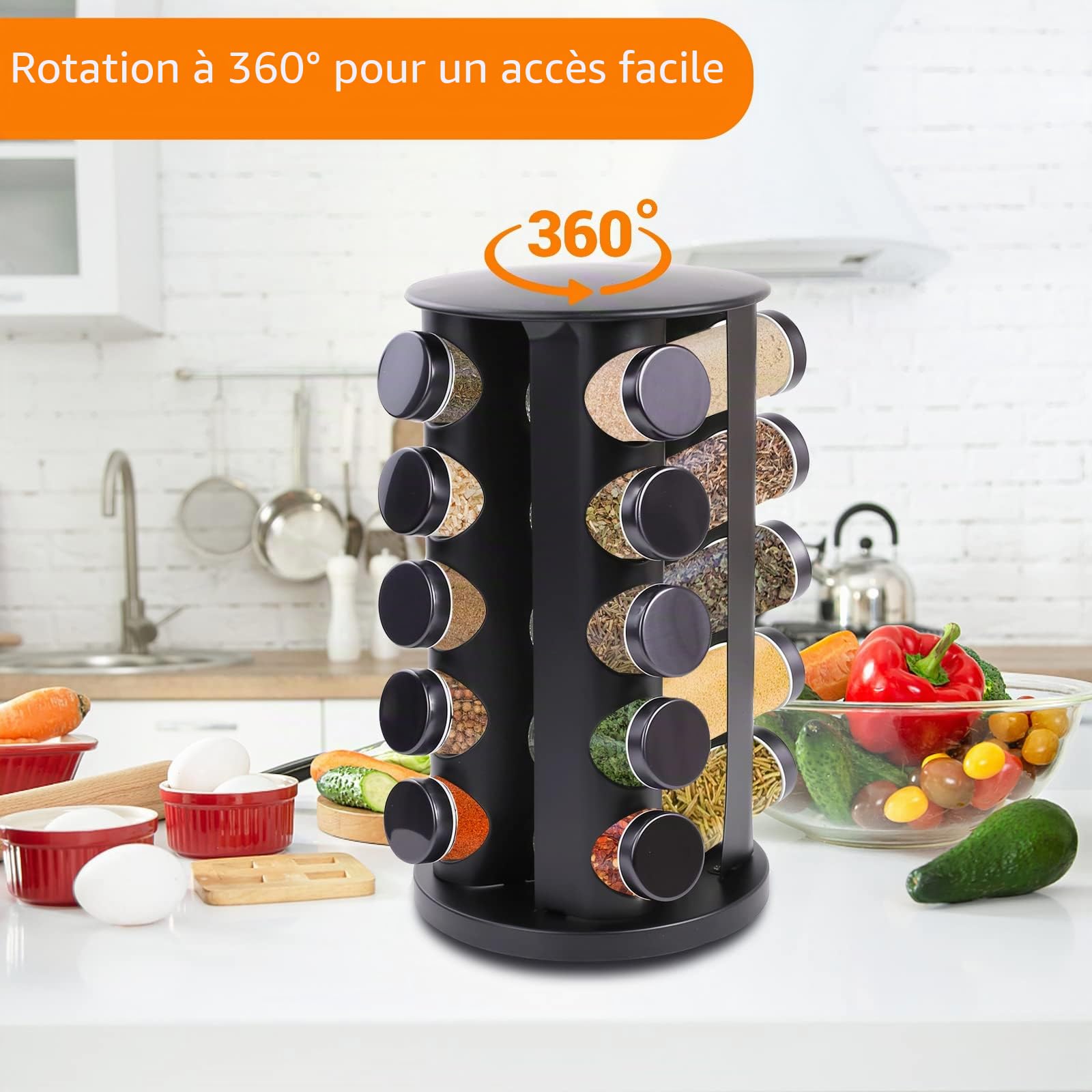 Carrousel à ÉPices à 360°, Étagère à Épices Rotative en Acier Inoxydableavec 20 Pots à Épices, Étiquettes, Stylo, Entonnoir, Couvercle, Étagère à Épices Pour Comptoir Cuisine, Noir