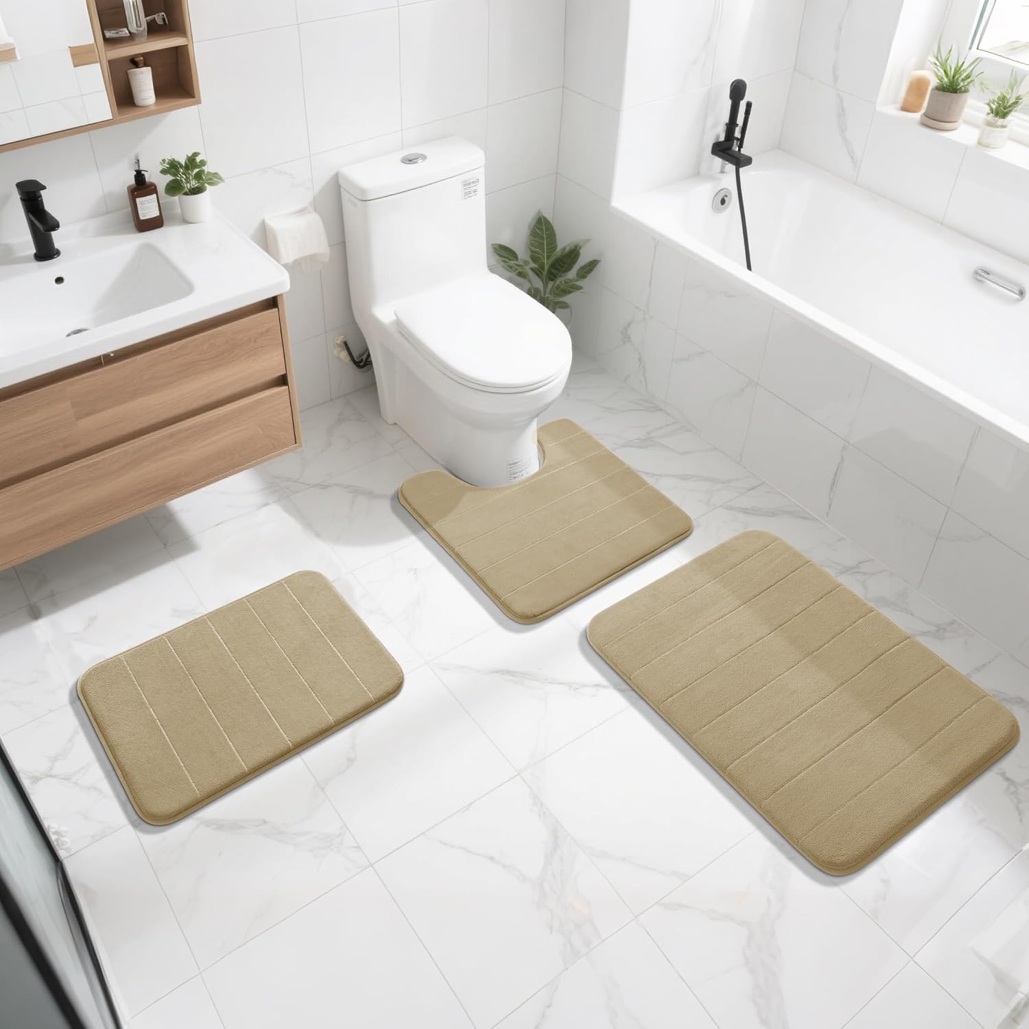 Yimobra Memory Foam Bath Mat, Super Soft Absorbent Bathroom Rug Non Slip 31.5x20 Inch, Quick Dry, Machine Washable Floor Carpet for Tub Shower, Home Decor Accessories, Pale Khaki