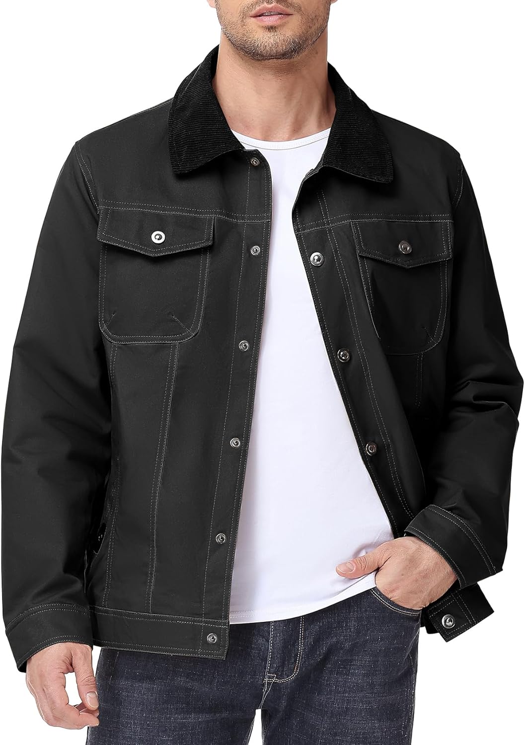 Eisctnd Men's Cotton Canvas Trucker Jacket with Corduroy Collar, Plaid Flannel Lined Workwear Utility Barn Jacket