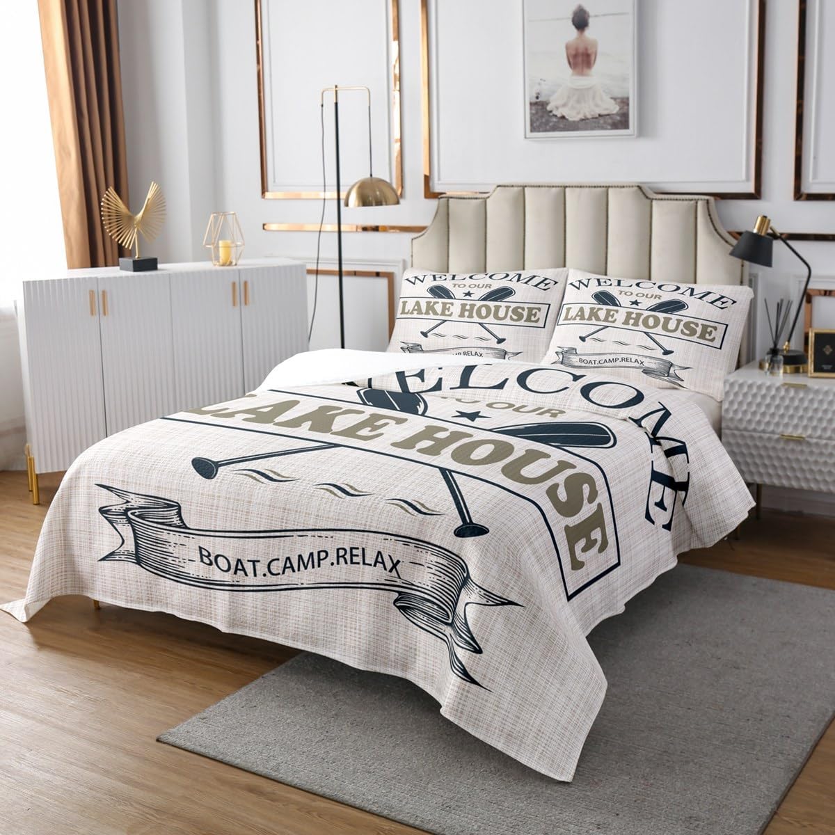 Castle Fairy Lake House Quilt Bedding Set Queen Size,Go Boating Paddle Lake Life Themed Bedspread Coverlet for Girls Teens,Retro Beige Plaid Lakeside Decor Soft Polyester Quilt Set, All Season