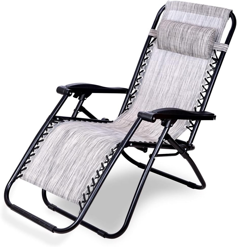 Zero Gravity Folding Recliner Chair, Adjustable Patio Lounge Chaise, Outdoor Wicker Rattan Furniture with Cup Holder and Pillow for Poolside, Yard (Grey Denim)