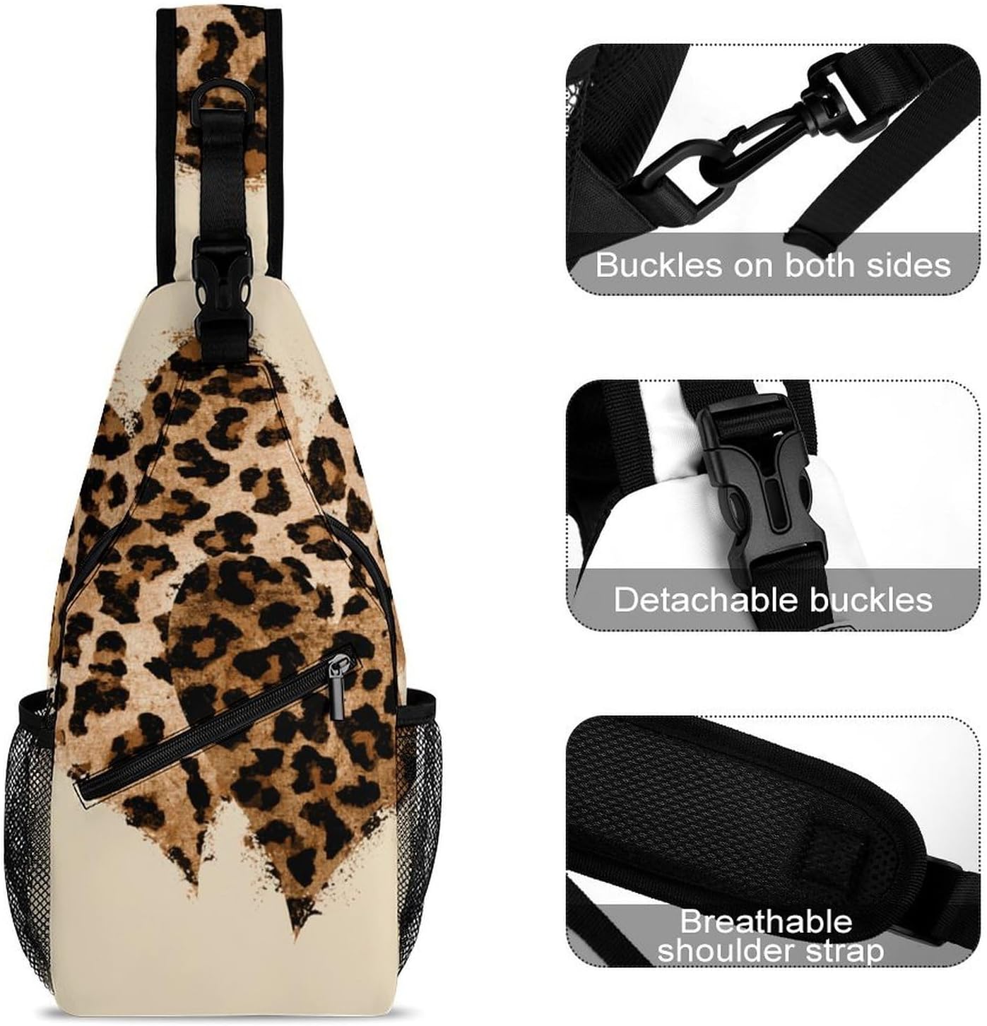 Leopard Print Heart Shape Sling Crossbody Bag Lightweight Chest Shoulder Backpack for Outdoor Sports