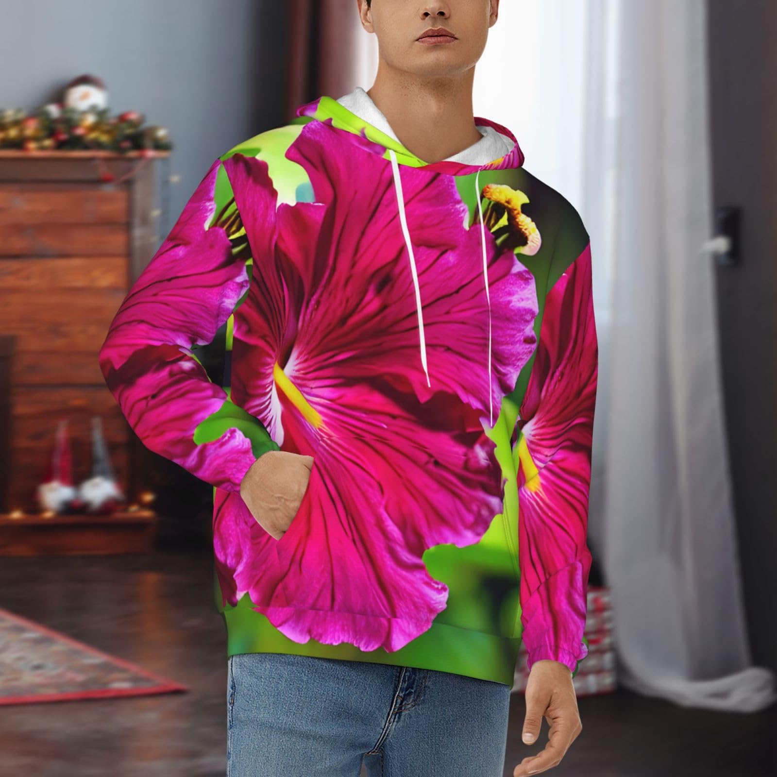 Męska bluza z kapturem z nadrukiem kwiatowym hibiskusa, casualowa grafika z nadrukiem bluzy z kapturem z kieszenią