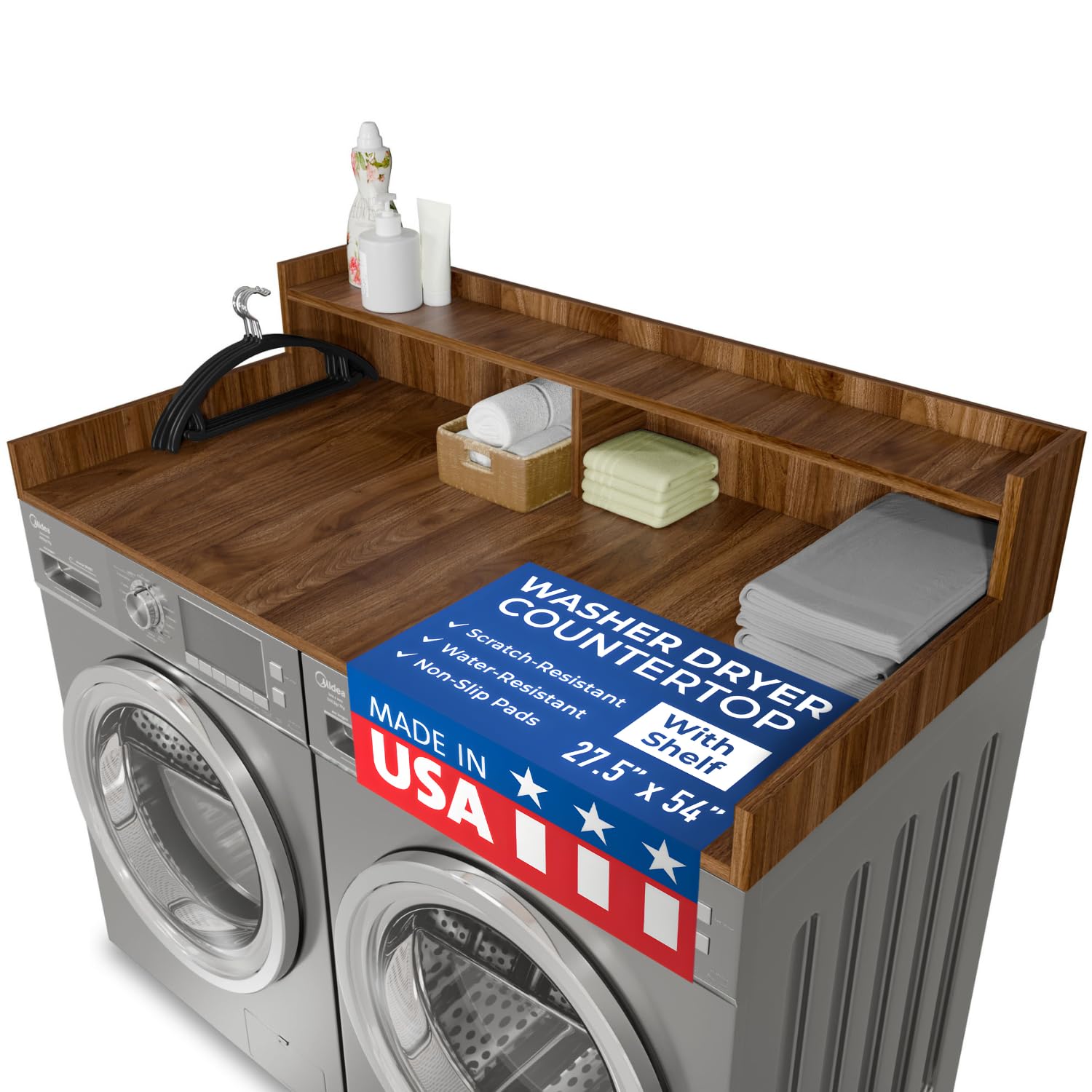 officesimpli washer dryer countertop with shelf - 27.5 x 54 inch - made in usa laundry countertop over washer and dryer with non-slip pads, storage shelf, laundry topper organizer, california walnut