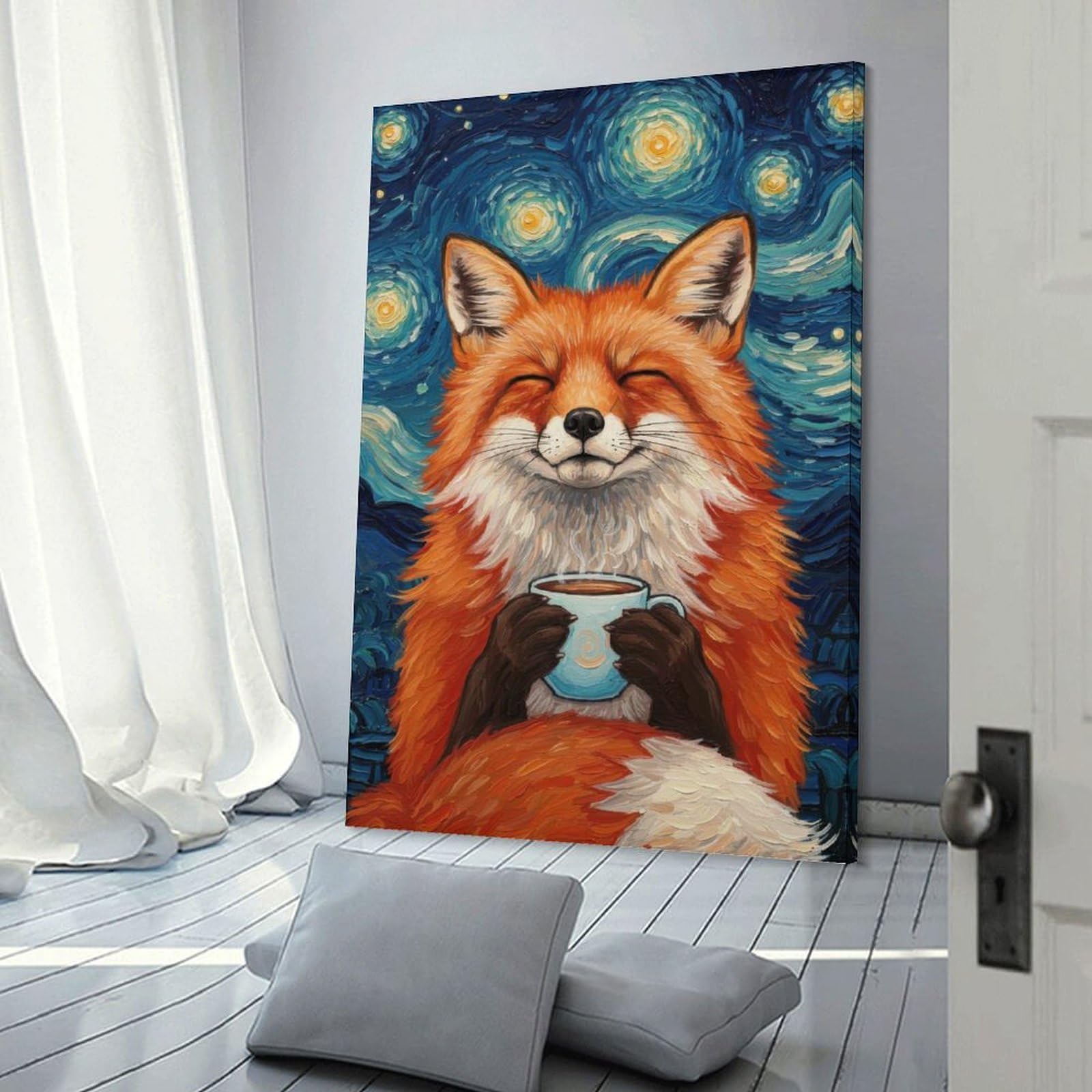 Junmoney Wall Decor Canvas Print Fox Enjoying Coffee Under Starry Night, 16x24inch(40x60cm), for Study, Office Or Apartment Decor, Canvas Artwork with Gifting Potential