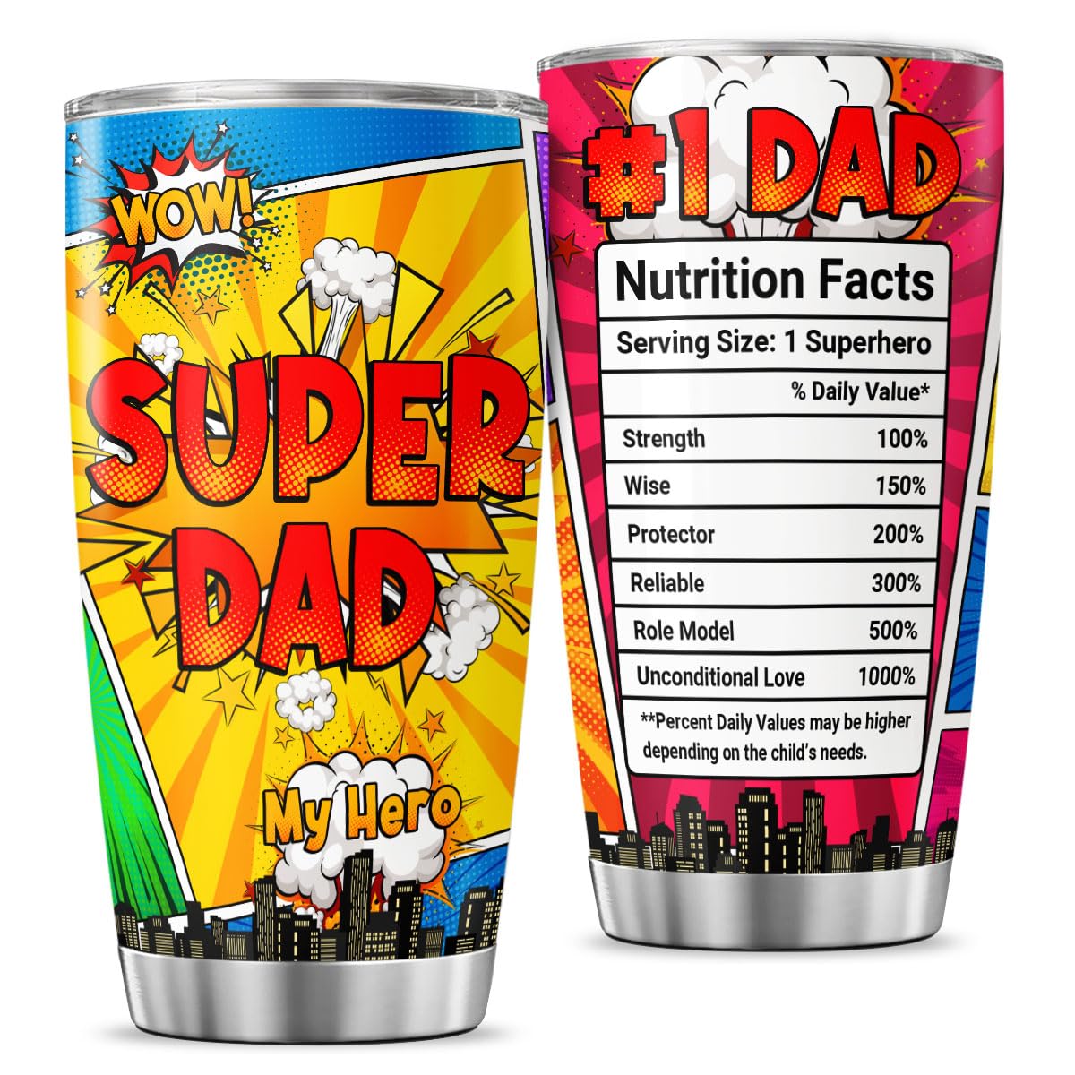 Super Dad Gifts 20oz Stainless Steel Tumbler Funny Comic Design Travel Cup with Hero Nutrition Facts Insulated Coffee
