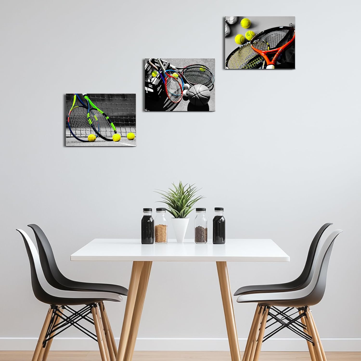 Tennis Racket and Ball Canvas Wall Art, Modern Tennis Ball and Tennis Pats Tennis Racket Sports Theme Poster Printing Framed Artwork for Home Living Room Bedroom Wall Decor 12"x16", Set of 3