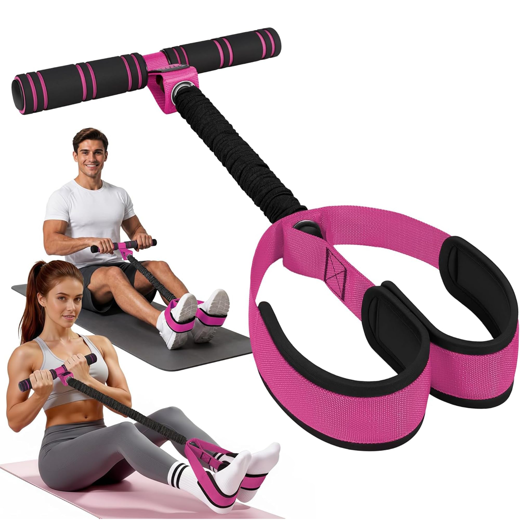 MOVENFIT Pedal Puller Resistance Band for Women & Men, Black/Pink 55 LBS Resistance Foot Pedal Exercise Equipment with Handles, Home Gym Equipment for Abs, Arms, Legs, Yoga, Pilates Full Body Training