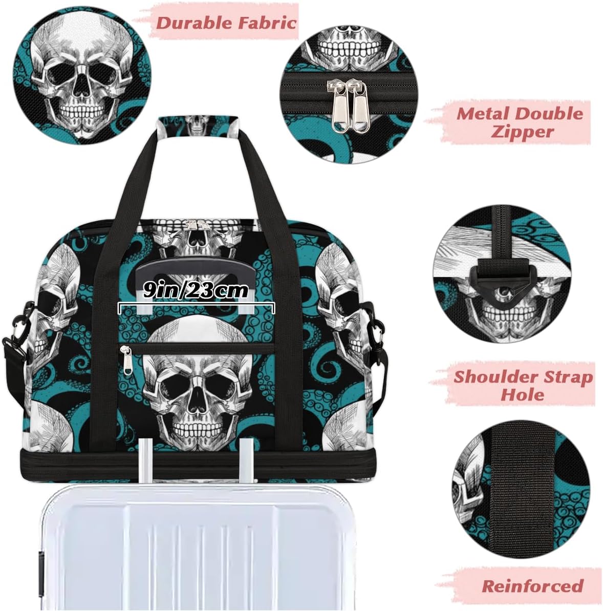 QsirBC Skulls Modern Decor Gym Bag for Women Duffle Tote with Shoes Compartment Men Weekender Duffel for Dance Travel Sports Swimming Overnight