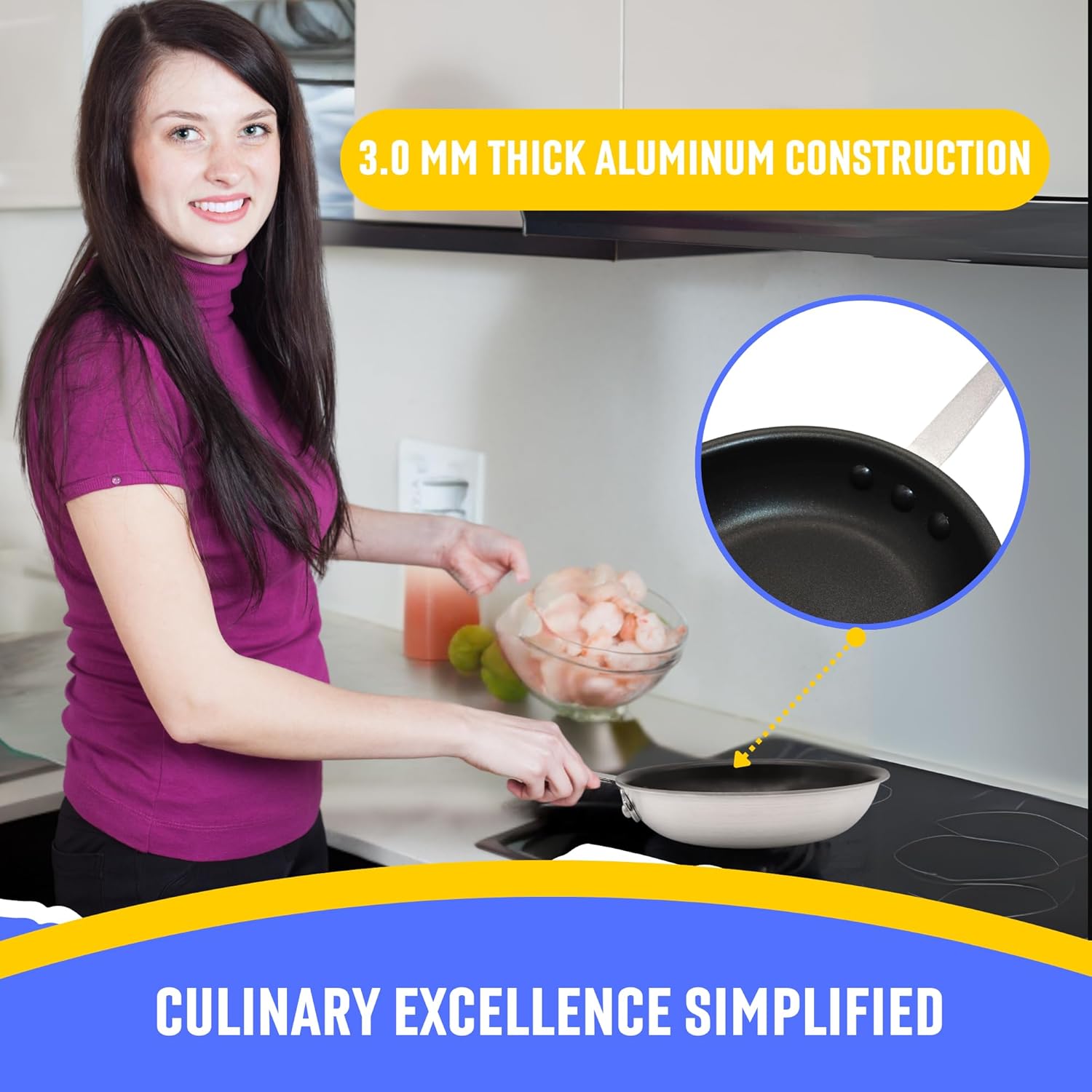 FSE 8" Professional Aluminum Fry Pan, Non-Stick Open Skillet, 3.0 mm Thick Aluminum Construction