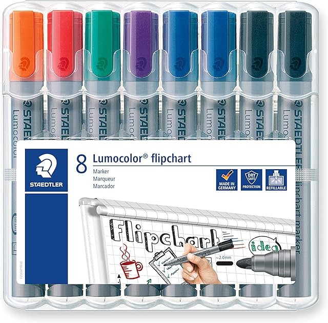 Staedtler Lumocolor 356 WP8X Flipchart Marker, Bullet Tip Approx. Line Width 2 mm, Set of 8 Colours, Ideal for Flipchart Pads, Colour-Intensive, Low-Odour,