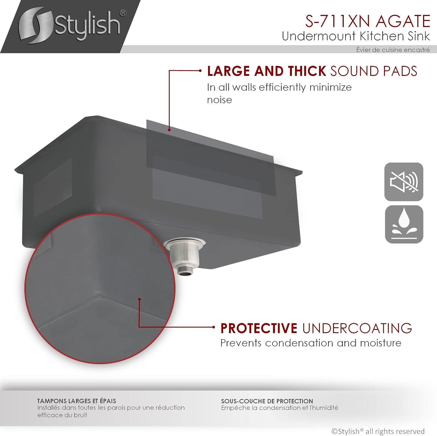 Stylish 30 x 18 Inch Black Kitchen Sink 9 Inches Deep 16G Stainless Steel 10 mm Radius Corners Undermount Single Bowl Kitchen Sinks with Bottom Grid and Basket Strainer, S-711XN